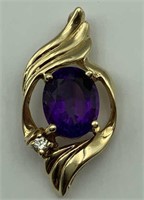 14K yellow gold amethyst & diamond pendant