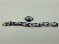 Beautiful enamel & 925 sterling bracelet & brooch