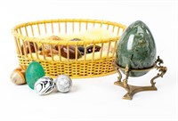 Lot Polished Egg Shaped Stones in Rattan Basket