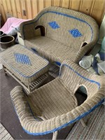 NICE TAN AND BLUE WICKER PATIO SET