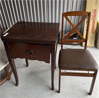 Vintage Sewing Machine in Cabinet and Chair