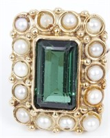 14K YELLOW GOLD PEARL AND EMERALD LADIES RING