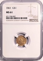 1861 GOLD DOLLAR NGC GRADED MS 61