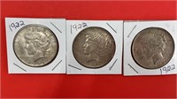 Silver Peace Dollars 1922 x3
