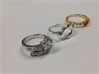3pc .925 sterling Rings; clear CZ's, red & clear