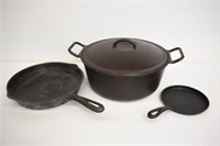 CAST IRON LODGE POT, GSW #9 PAN AND SMALL SKILLET