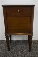 WALNUT END TABLE-  1 DRAWER 1 DOOR, OLD REPAIR