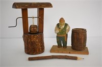 QUEBEC FOLK ART, PEN HOLDER AND WISHING WELL