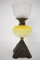 OIL LAMP - CAST IRON BASE - GLASS SHADE - 17" HIGH