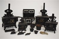 5 MINIATURE CAST IRON STOVES AND ACCESSORIES