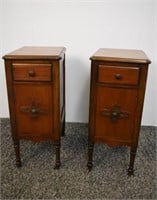 PAIR WALNUT SIDE TABLES - ONE DRAWER ONE DOOR