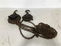 2 Old Pulleys w/ Chain and Hooks