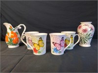 Cups, Vase, And Pot with Floral/Butterfly Design