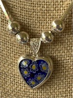 Heavy Sterling Silver Chain Necklace w/Glass Heart