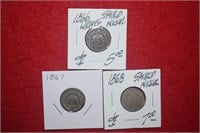 (3) Shield Nickels 1866, 1867 & 1868