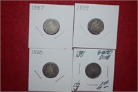 (4) Seated Dimes 1887, 1889, 1890 & 1891