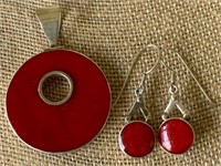 Sterling Silver & Red Stone Earrings and Pendant