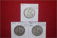 (3) Walking Liberty Half Dollars 1916D, 1917 &