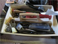 Plastic Tray w/ hand tools & padlocks