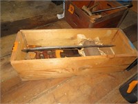 Wood Box w/ hand saws & scythe blade