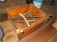 Wood Box w/ hatchets, cutters & more