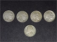 (4) BUFFALO NICKELS & (1) 1941 NICKEL