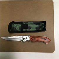 Spring assist knife with wood handle and sheath
