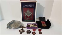 MASONIC PINS & MEDALS + BOOK + ASHTRAY