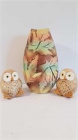 SIGNED POTTERY VASE + 2 SMALL OWL FIGURES