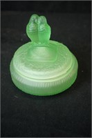 Green Vaseline Glass Covered Trinket box with bird