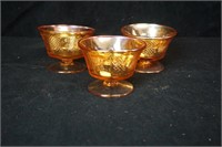 Set of 3 Orange Carnival Glass Iridescent Dessert