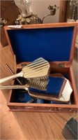Wooden jewelry box with items, scale holder and