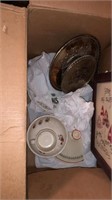 Box lot of dishes, embroidery, etc
