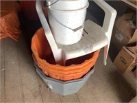 Five mineral tubs, lawnchair, 5 gallon pails