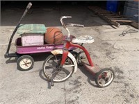 Tricycle, radio flyer wagon, basketball