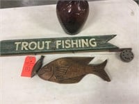 fishing sign, wood fish, bottle