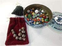 Misc Marbles in Container and Bag