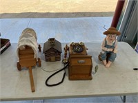 Kid fishing, telephone, wagon & cabin