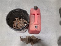 Vise, Pail of Drag Teeth, Gas Can