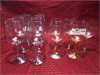 5 Amber colored base stemware, 6 clear glass