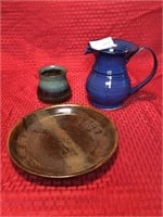 3 pc Art pottery, plate, cream pitcher 5”, small