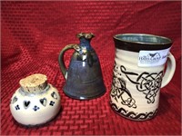 3 pc Art pottery, vase signed Dick Lehman, mug