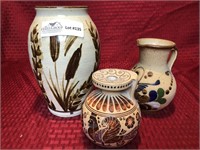 3 assorted Art pottery, vase 7.5", cream pitcher,