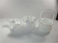 White Hobnail Vase & Bowl w/ Ruffled Edges