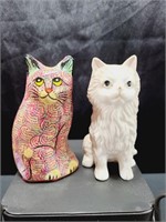 Paper Mache Cat & Porcelain Cat Vintage