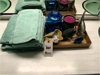 Box of Bathroom Decor & Green Towels