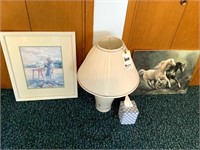 Lamp, Knitted Tissue Box Cover & 2 Pictures