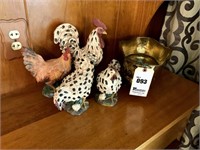 4 Decorative Chickens & Brass Planter