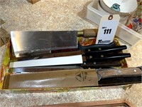 Assorted Kitchen Knives: Cleaver, Bread Knife, &