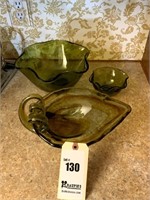2 Green Glass Bowls, & Green Glass Leaf Bowl